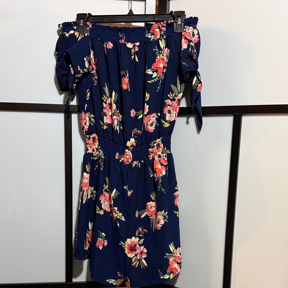 Rue21 Navy Floral Off-Shoulder Mini Dress with Pink and Yellow Blooms